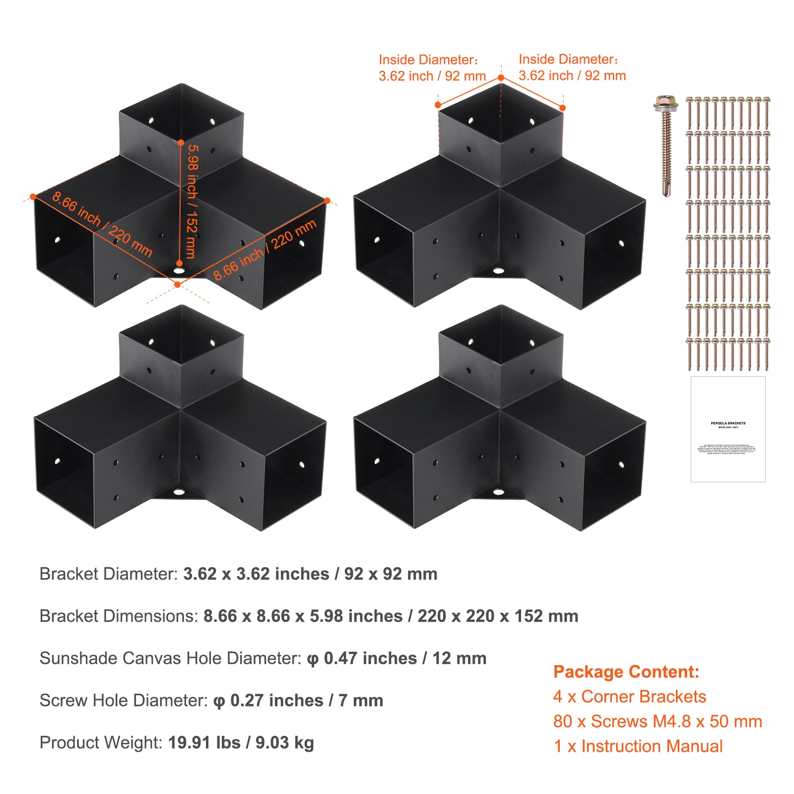 Pergola Corner Bracket Kit 3-way Heavy Duty Post Base For Woodworks_voghion.com
